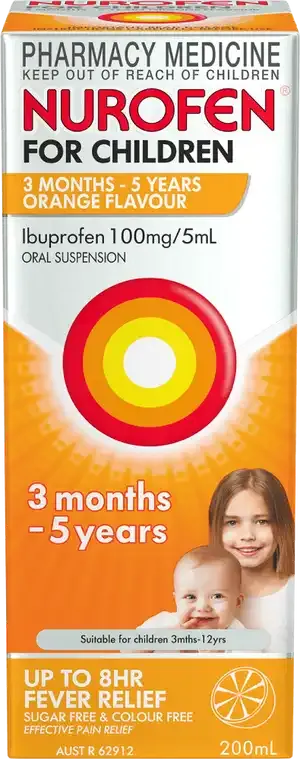 Nurofen For Children 3 months 5 years Pain and Fever Relief Ibuprofen 100mg/5mL 200ml (Orange)